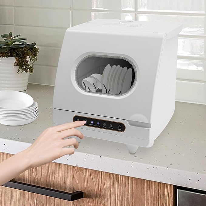 Portable Tabletop Dishwasher, 800W Dishwasher with 5 Washing Programs, Compact Dish-washer with 360° Rotating Spray, High-Temperature Water+Hot Air Circulation Drying, for Home, Apartments& RVs, White