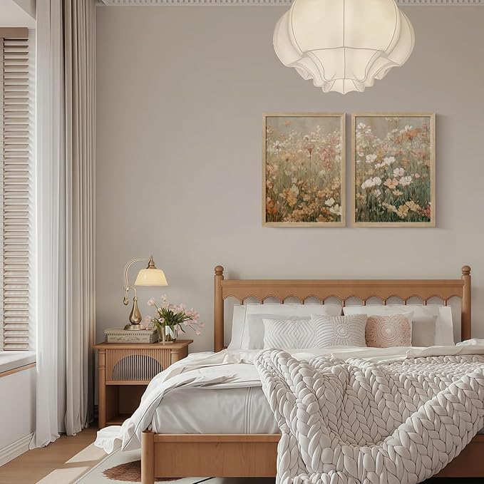 Framed Vintage Canvas Wall Art Modern Floral Poster Picture Countryside Painting Nature Landscape Contemporary Home Print Living Room Gallery Office Ready to Hang 12x16 Inch x2