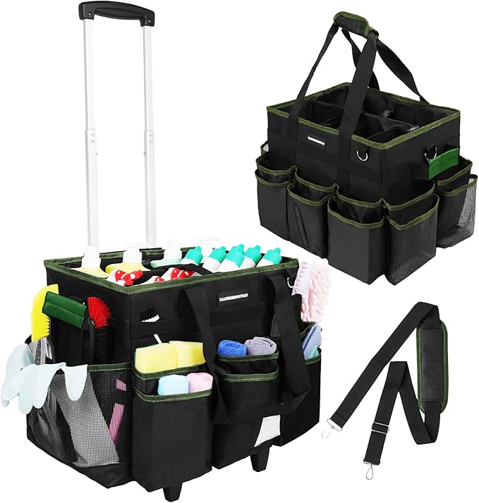 Large Rolling Cleaning Caddy Bag, Cleaning Caddy with Wheels with Detachable Trolley for Housekeepers, Water Resistant Cleaner Supplies Organizer with Wheels for Kitchen, Car, Picnic(Black-Green)