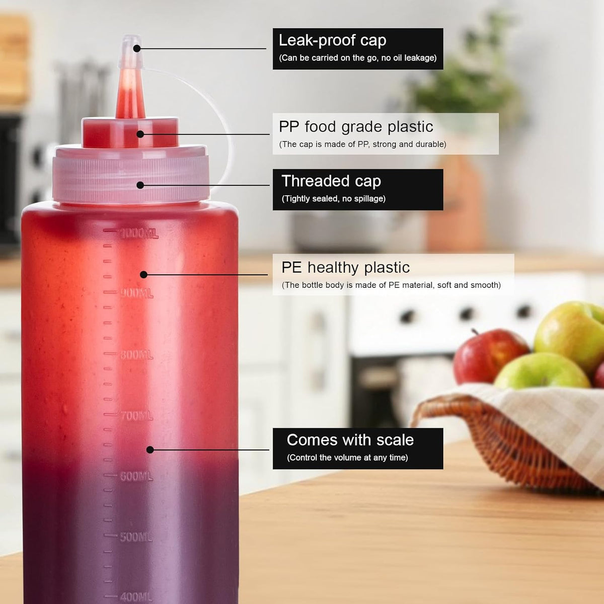 Squeeze Bottles for Sauces 2 Pack, 32 Ounce 1000ml Plastic Dressing Squirt Bottles with Cap Lids, Condiment Bottle for Liquids BBQ Dressing Pancake Art Dispenser