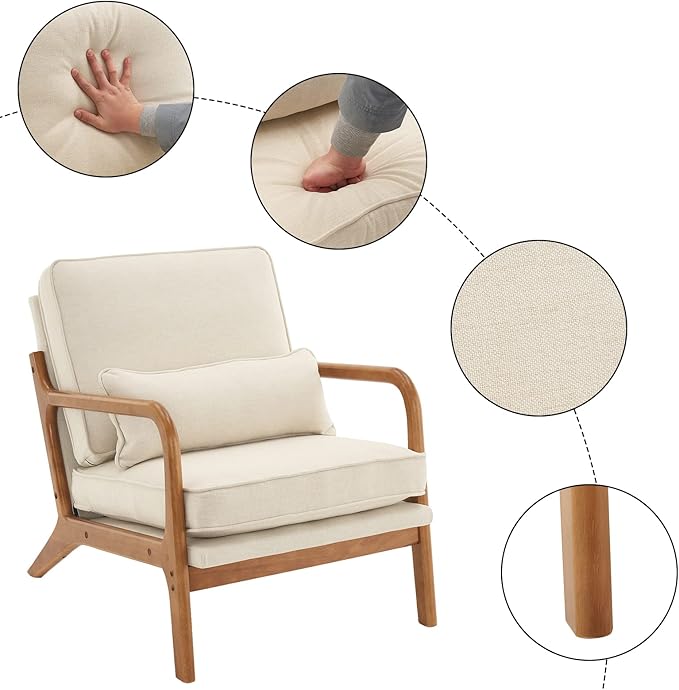 Bonnlo Fine Linen Beige Mid Century Modern Accent Chair, Soild Wood Padding Lounge Armchairs Side Sitting Chairs for Living Room, Bedroom, Guest Room