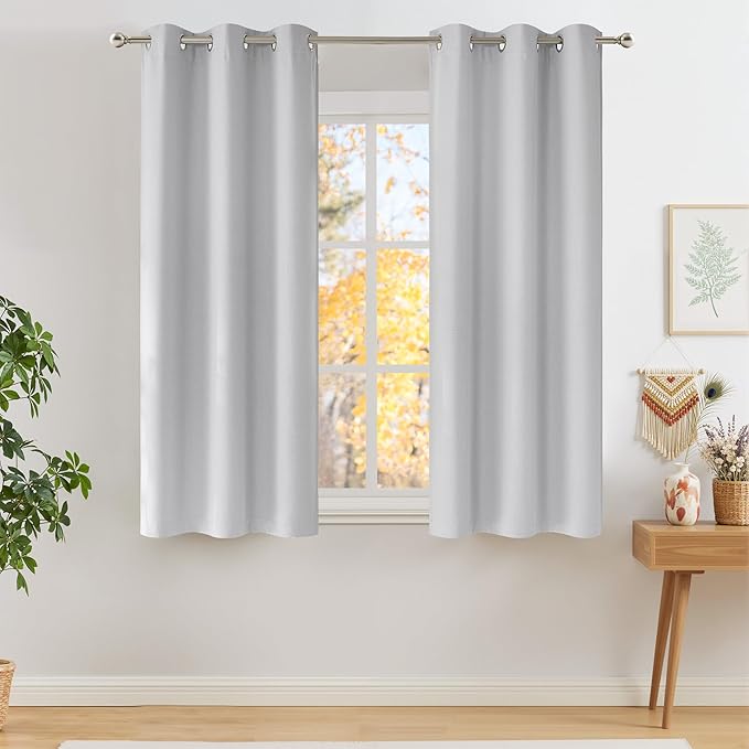 NICETOWN Short Faux Linen Greyish White Blackout Curtains 63 inches Long