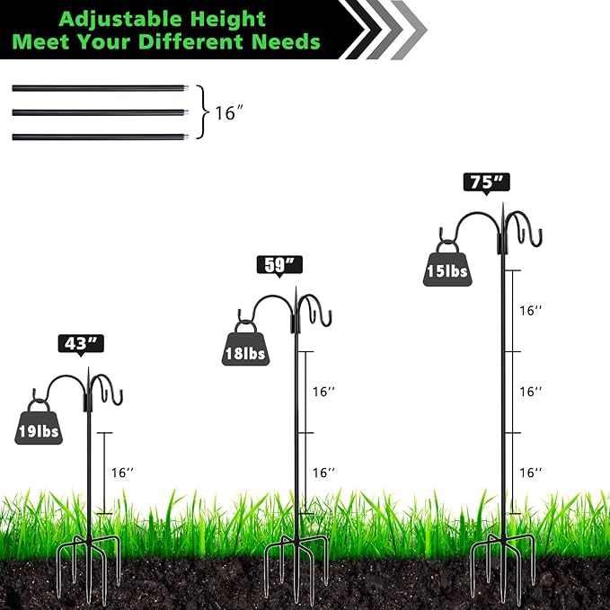 FEED GARDEN Heavy Duty Shepherds Hook 76" Triple Hooks - Metal 5-Prong Base, Adjustable (44/60/76") - 17lb Capacity Bird Feeder Pole for Hanging Plants, Solar Lanterns, Wind Chimes, 1 Pack