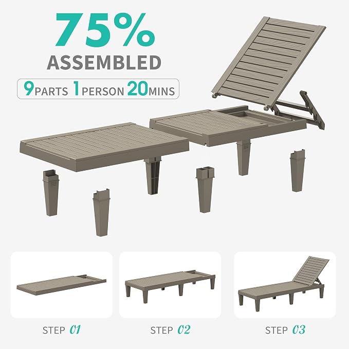Outdoor Chaise Lounge Chairs Set of 6, 5-Position Adjustable Tanning Lounge Chairs with Wood Texture, All-Weather Resin Patio Lounge Chair for Pool, Garden, Deck, Beach, Striped Grey