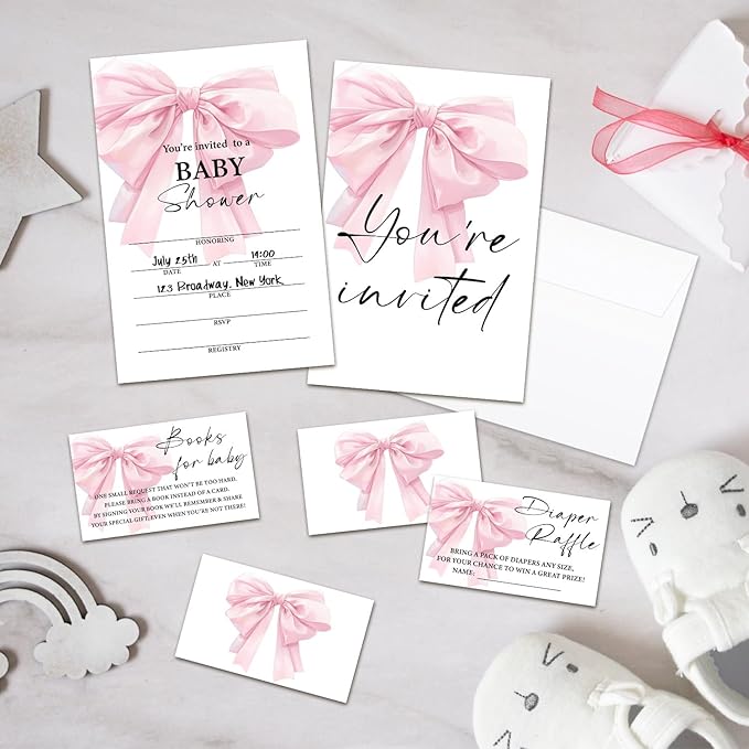 Pink Bow Baby Shower Invitations, Fill-in Invites For Gender Reveal Baby Announcement, Party Favor & Accessories(25 Invitations With Envelopes, 25 Dipaer Raffle Tickets & 25 Book Request Cards)-12