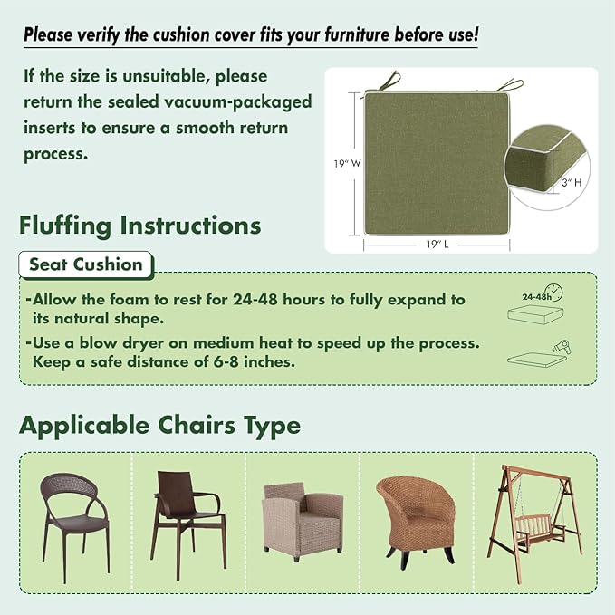 MIULEE Green Outdoor Chair Cushions Set of 2, 19x19x3 Inch Waterproof Patio Seat Cushions for Outdoor Furniture Couch Sofa, 3 Year Color Fastness High Density Foam with Adjustable Ties