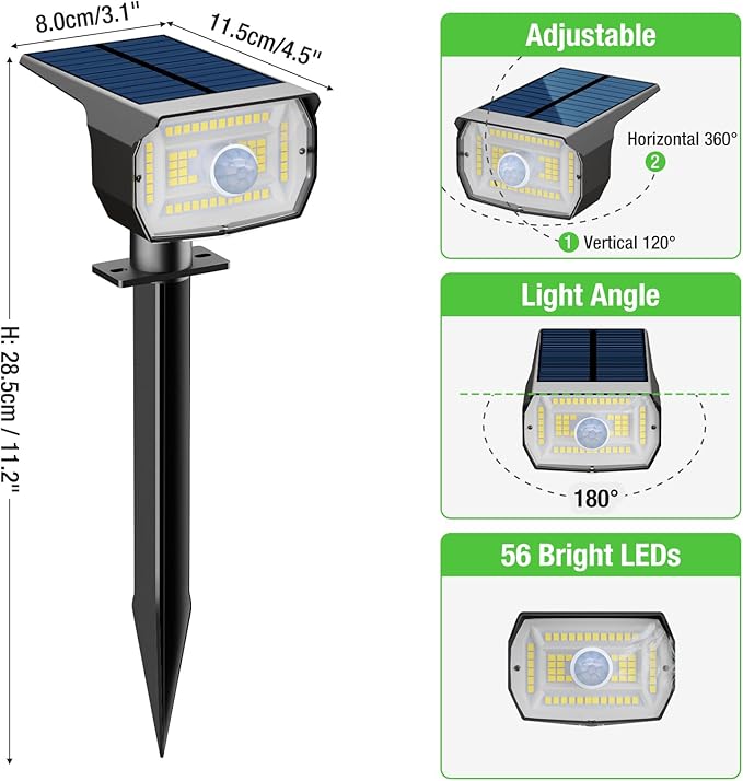 Solar Spot Lights Outdoor Motion Sensor with 3 Modes, [ 4 Pack/56 LED ] Solar Spotlights Outdoor Waterproof 2-in-1 Auto On/Off Landscape Lighting for Outside Yard Wall Garden Pathway, Warm White