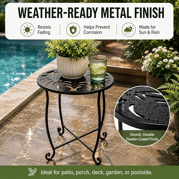 Outdoor Side Tables 2 Pack, 15" Height Tool-Free Metal Patio End Table with Monstera Pattern, Compact Space Saving Plant Stand for Balcony Porch Deck, Weather Resistant, Black