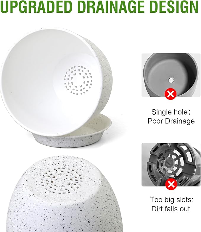 9/8/7.5 inch Flower Pots, Set of 3 Modern Decorative Plastic Planters with Drainage Holes and Saucers for Garden House Plants, Plant Pots for Indoor Outdoor Plants, Speckled White
