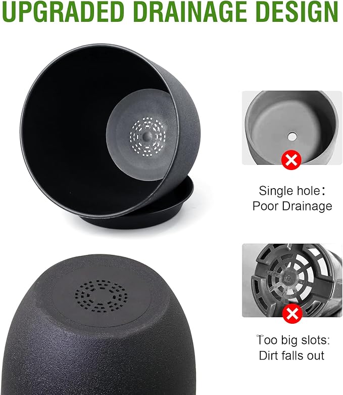 12/10/9 inch Big Flower Pots, 3 Pack Modern Decorative Plastic Planters with Drainage Holes and Tray, Plant Pots for Indoor Outdoor Plants, Black