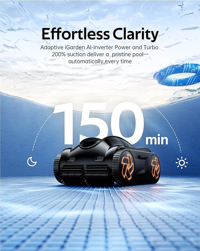 (2025 Upgrade) iGarden Pool Cleaner K25, Cordless Pool Vacuum Robot for Inground & Above Ground Pools, Smart Navigation, 150 Min Runtime, Touchscreen, Self-Parking, Cleans Floor, Wall & Waterline