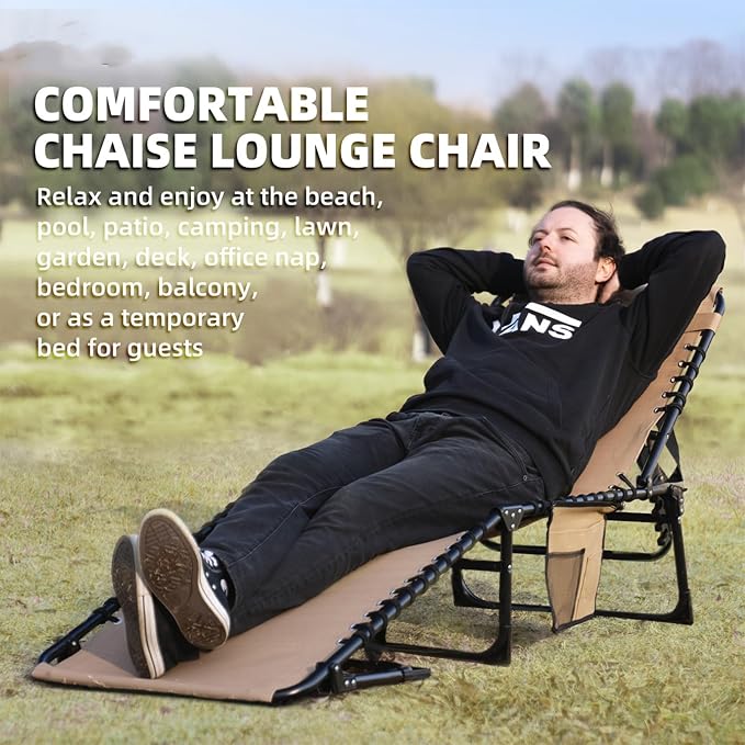 Patio Lounge Chair 2 PCS Folding Chaise Bed - Heavy-Duty 400lb Capacity Portable Adjustable Recliner w/Pillow for Pool, Camping, Sunbathing - Lay Flat Design (Beige)