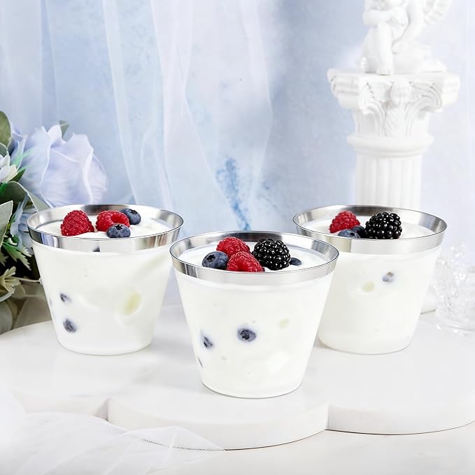 Nervure 120PCS Silver Plastic Cups - 9Oz Silver Rimmed Plastic Cups - Heavy Duty Plastic Cup with Silver Rim Perfect for Weddings, Receptions & Parties