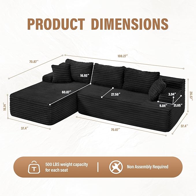 Hobestluk Modular Sectional Sofa Couches L-Shape Couch 3 Seat Modular Sofa Memory Foam Sectional Couches for Living Room, Cloud Couch with Oversized Chaise (Left Facing)