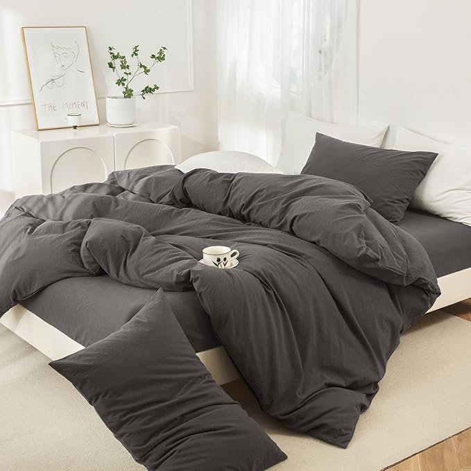 JIYUAN 100% Washed Cotton Duvet Cover Set 3 Pieces Queen, 1 Duvet Cover 90x90 Inches(Comforter Not Included) and 2 Pillowcases,Linen Feel Bedding Set Comfy and Breathable,Solid Dark Grey