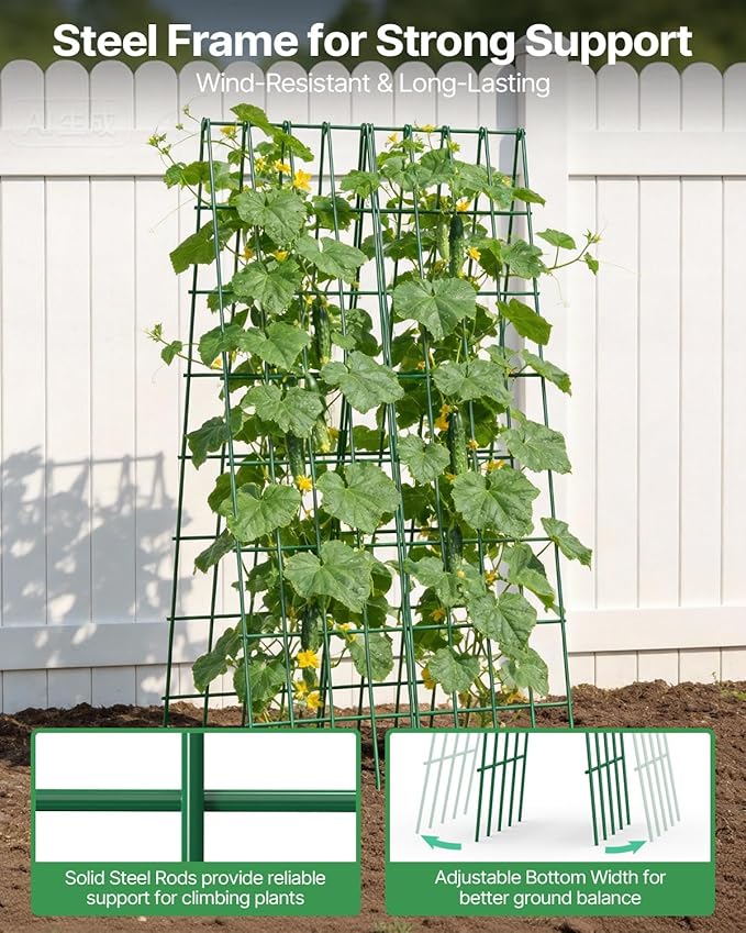 Suteck A-Frame Cucumber Trellis 59.4" 2 Pack - Metal Garden Trellis for Cucumbers, Peas, Beans & Climbing Plants, Foldable Outdoor & Indoor Vegetable Support for Raised Beds, Patios & Backyard