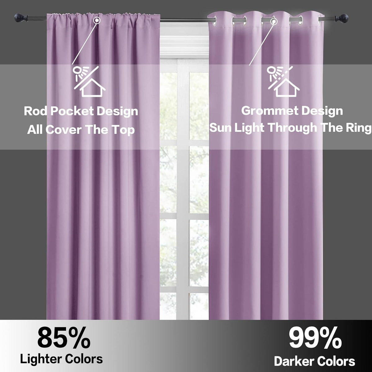 RYB HOME Small Kitchen Curtains, Room Darkening Drapes Energy Efficient Half Window Coverings Heavy Duty Solid Decor for Bedroom Bathroom Dining Room, W42 x L45 inches, Lilac, 2 Panels Set