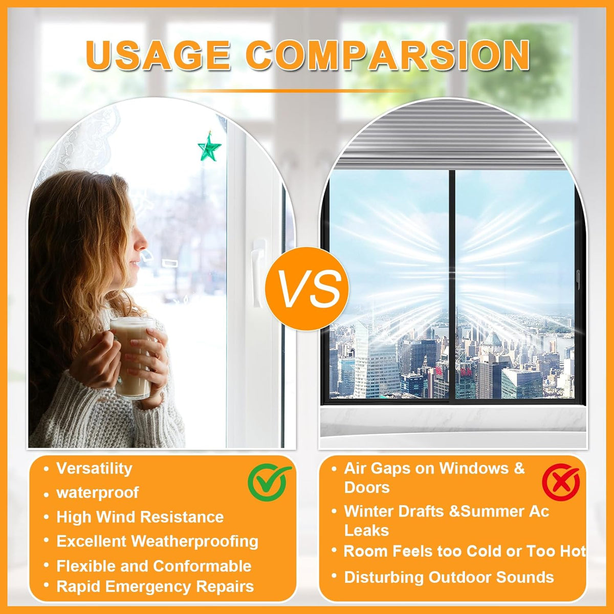 Window Weather Sealing Tape 2 Inch x 90 FT Weather Stripping Residue-Free Window Seal Insulation Tape for Doors Windows and Shower Glass Gaps White