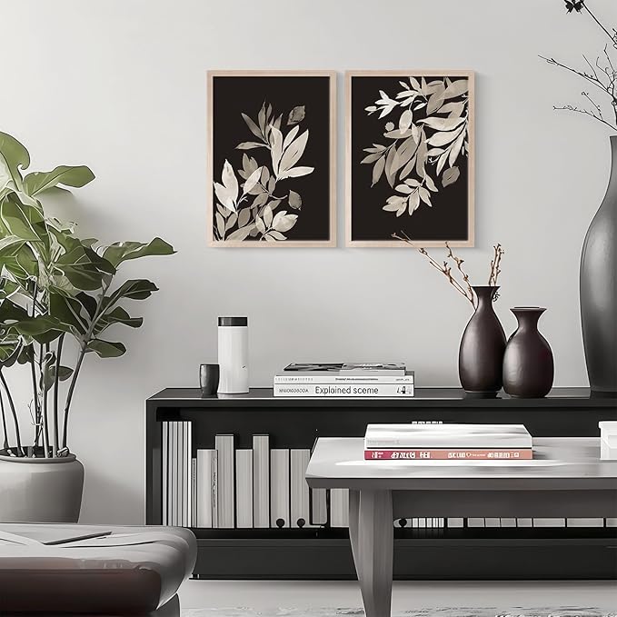 Framed Vintage Canvas Wall Art Botanical Leaves Poster Picture Countryside Painting Nature Landscape Modern Home Print Living Room Gallery Office Ready to Hang 12x16 inches x2
