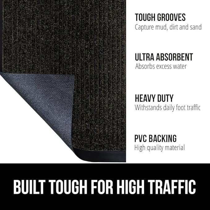 GORILLA GRIP Traffic Guard Door Mat, 60x36, Heavy Duty Welcome Mats, Commercial Office Space Doormat, Waterproof, Fade Resistant, Strong Rubber Backing, Low Profile, Shoe and Boot Scraper, Jet Black