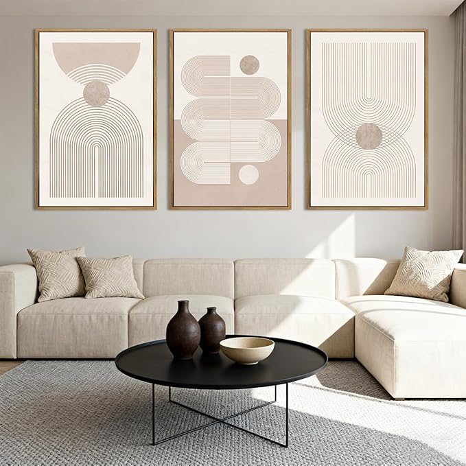 Anyzal Large Boho Framed Wall Art 16x24 Inch Beige Neutral Minimalist Canvas Pink Abstract Modern Geometric Artwork for Living Room Bedroom Dining room Set of 3
