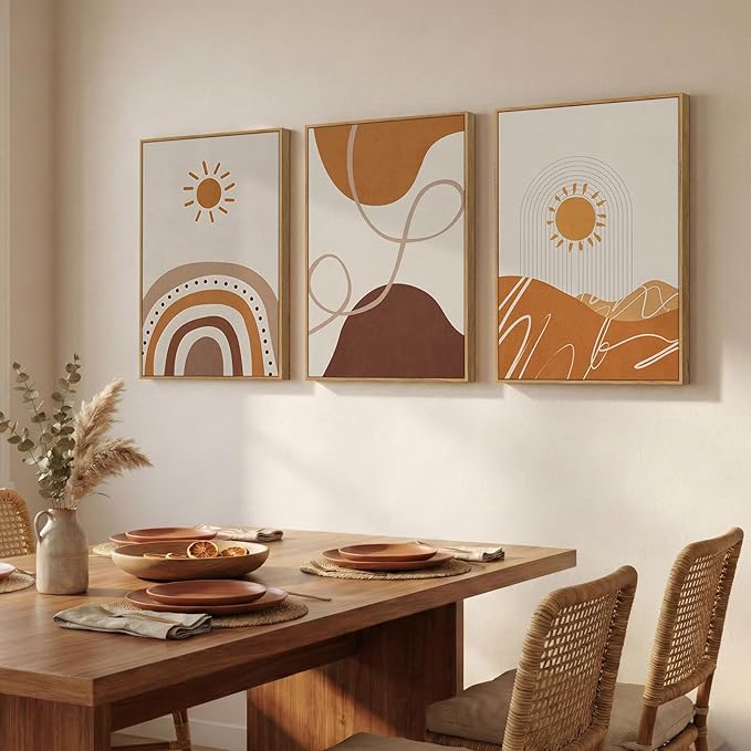 Framed Neutral Abstract Boho Wall Art Bedroom, 3 Piece Terracotta Beige