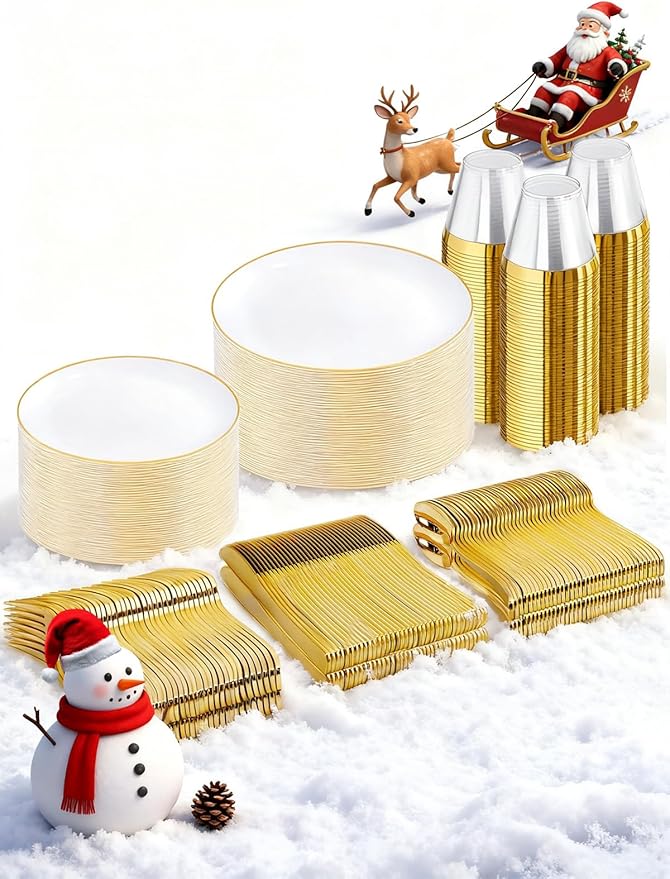 WDF 300PCS White and Gold Plates - Wedding Plastic Dinnerware Set for 50 Guests Include 50 Dinner & 50 Cake Plates, 50 Cutlery, 50 Cups for Wedding, Birthday, Thanksgiving Party