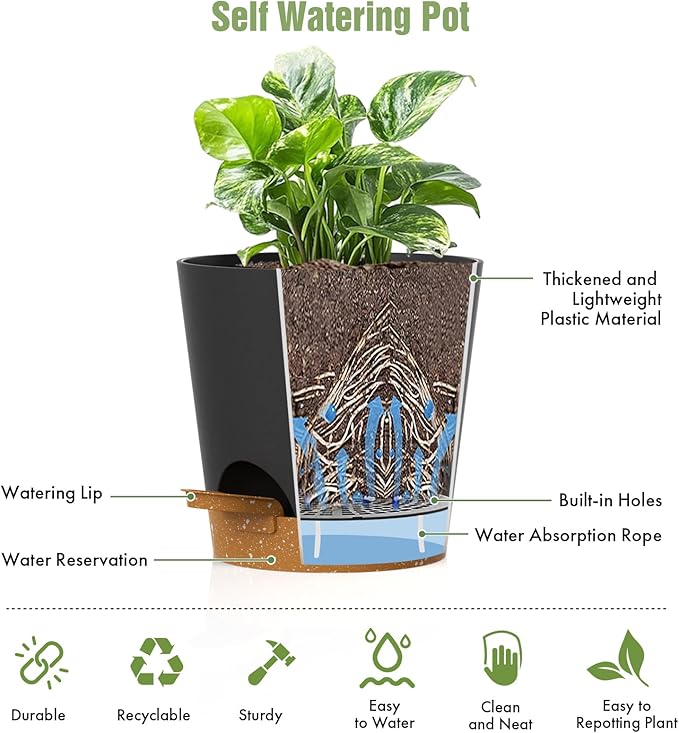 WSMKSZ 4 inch Self Watering Pots for Indoor Outdoor Plants, 6 Pack Plastic Flower Planters with Drainage Holes and Removable Saucers, Plant Pots with Wicking Rope, Modern Decor, Black Brown