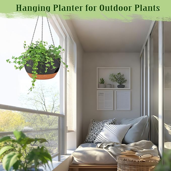Hanging Planters for Outdoor Indoor Plants, 2 Pack 12 Inch Hanging Basket Plants Outdoor, Self Watering Hanging Planter with Plant Hanger for Garden Home Decoration (2 Type Plant Hangers Black)