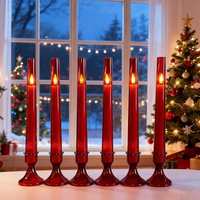 Lezonic Flameless Windows Candles Battery Operated with Timer Remote, 6Pcs Red Acrylic Flameless Candlesticks with Holders, LED Taper Candles Flickering for Halloween Christmas, 0.8 x 8 inches