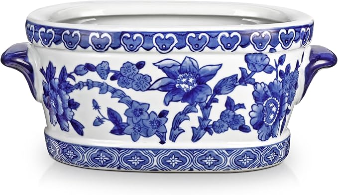 Blue and White Ceramic Planter Pot – Vintage Floral Oval Cachepot Vase for Indoor Plants, Flowers & Succulents – Glazed Chinese Porcelain Style Decorative Bowl – 7.4" Size – No Drainage