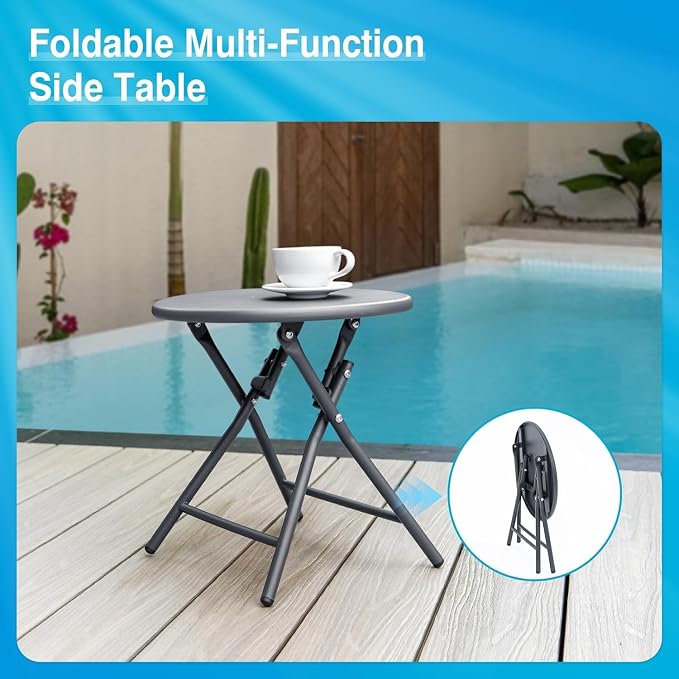 Aluminum Chaise Lounge Chair Outdoor, Foldable Patio Lounge Chair 2 Sets with Table Assemble-Free, Pool Lounge Chairs with 5 Adjustable Backrest, Outdoor Lounge Chairs for Outside Poolside Grey