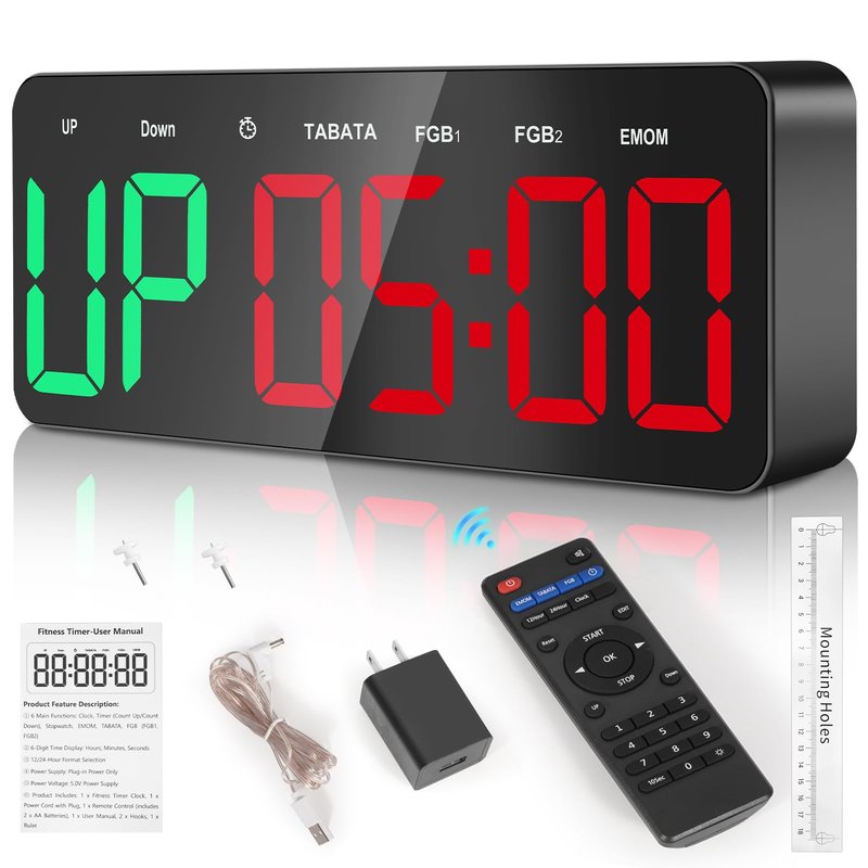 Gym Clock Timer for Tabata, FGB & EMOM, Large LED Workout Clock with Remote Control, 10 Custom Interval Modes, 120dB Buzzer, Fitness Digital Timer for Home Gym, HIIT, CrossFit, Boxing, Yoga, Garage