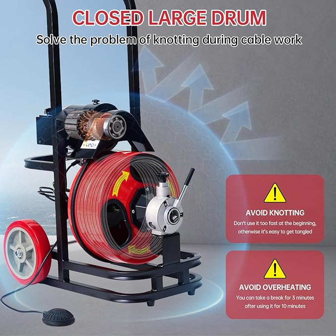 Drain Augers,50FT Steel Core Cable,CW/CCW Switch,Forward Reverse Control,Quick Replaceable Cutters -Electric Sewer Snake for 1"-4" Pipes,250W Motor Speed 1700 RPM,Air-Activated Foot Control