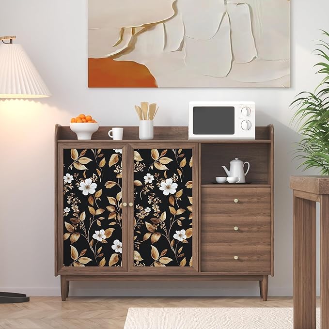 Vintage Black Peel and Stick Wallpaper – Black and Gold Floral Leaf Design Dark