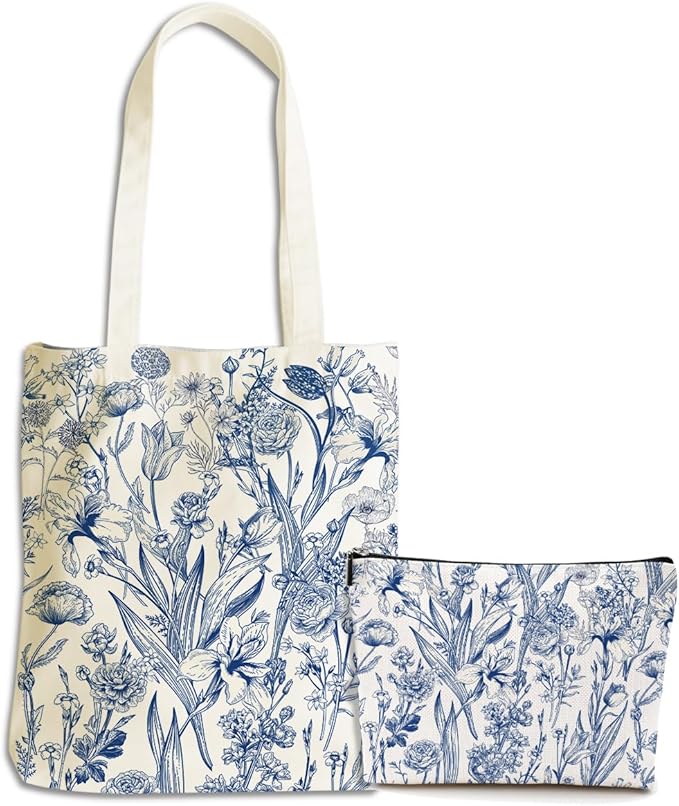 Flower Plant Lover Gifts for Women Canvas Tote Bag with Makeup Bag Cosmetic Bags Grocery Bags for Shopping Christmas