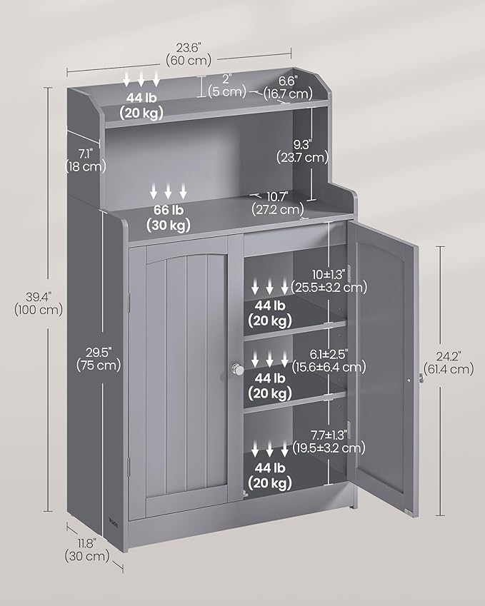 VASAGLE Bathroom Storage Cabinet, Bathroom Floor Cabinet with 2 Doors, 2 Adjustable Shelves, 11.8 x 23.6 x 39.4 Inches, Freestanding, for Dining Room, Kitchen, Living Room, Dove Gray UBBC770G02