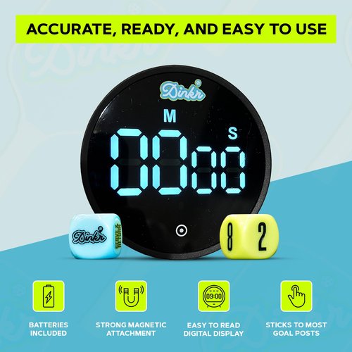 Dink'r Pickleball Timer for Games, Drills & Tournaments | Magnetic Court Timer + Free Drill Dice & Case