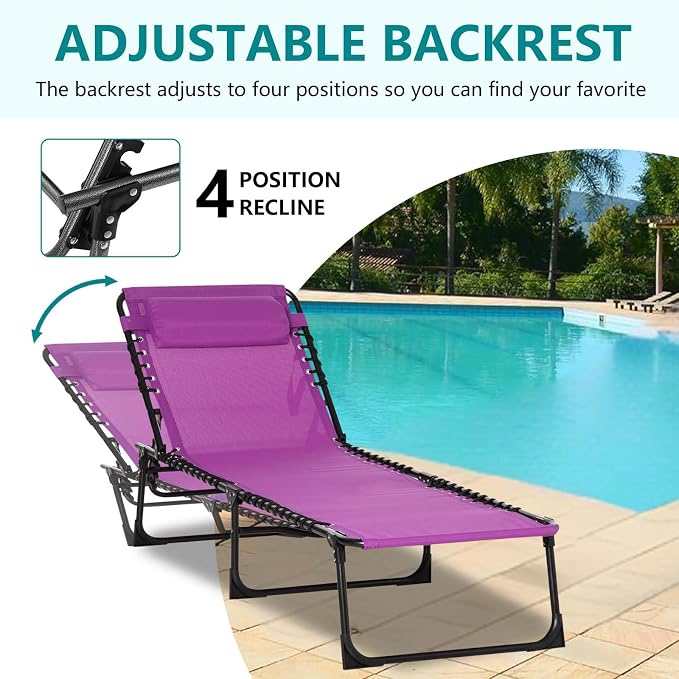 Outdoor Sun Tanning Chair Folding, Heavy Duty Adjustable 4-Position Folding Laying Out Chairs for Tanning, Beach Lounge Chairs for Adults for Sunbathing Patio Pool Lawn (Purple)
