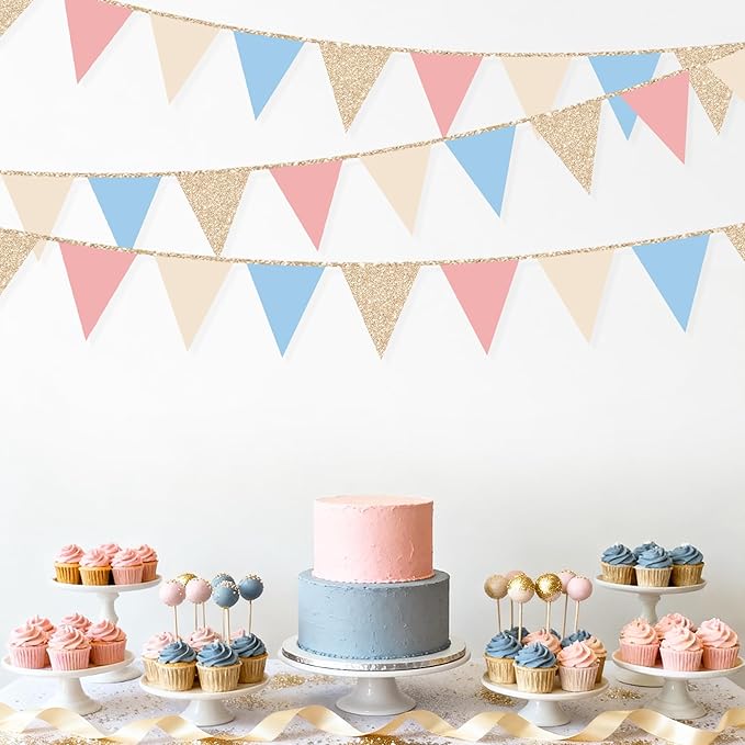 Dusty Rose Pink and Blue Beige Champagne Gold Party Decorations Pennant Banner Flag Hanging Paper Triangle Bunting for Retro Gender Reveal Baby Shower Birthday Bridal Shower Wedding Party Supplies