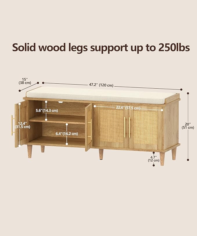 Rattan Shoe Storage Bench with Cushion, 2-Tier Entryway Bench with Adjustable Shelves and 4 Doors, 15" D x 47.2" W x 20" H, Solid Wood Legs, for Hallway, Living Room, Bedroom, Natural Oak