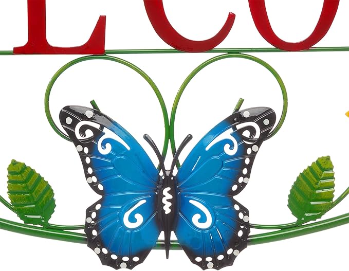 Glitzhome Metal Welcome Sign, Outdoor Metal Welcome Signs for Outside with Vivid Butterfly Wall Decor, Sunflower Garden Art Plaque for Porch Home Decoration