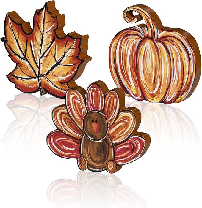 Smile 3 Pcs Wooden Blocks Pumpkin Turkey Maple Signs, Thanksgiving Tiered Tray Decorations, for Home Table Shelf.