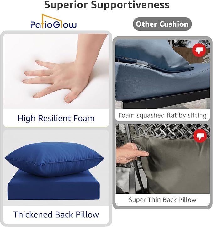 PatioGlow Outdoor Seat Cushion Set 22 x 24 x 4 Inch, Waterproof & Fade Resistant Patio Furniture Cushions with Removable Cover and Ties, Thick Deep Seating Pads for Outside Chair Sofa Couch, Blue