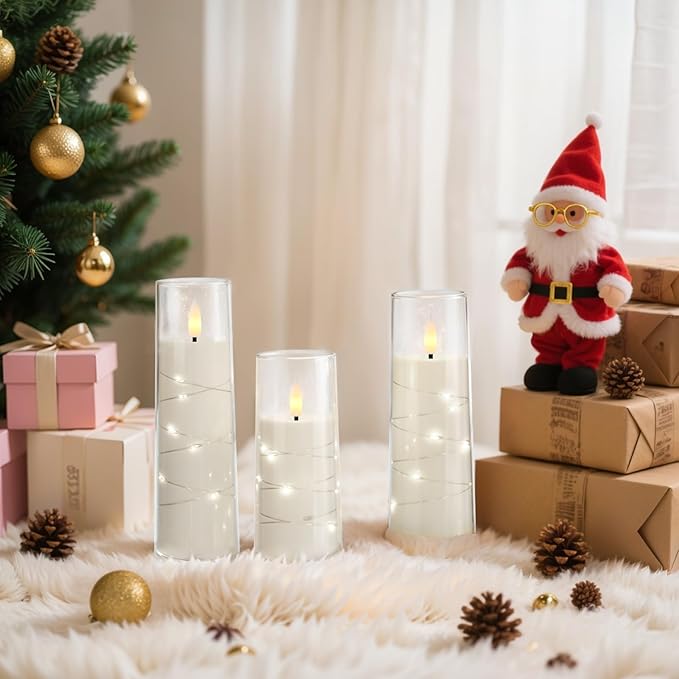 Raycare Flameless Candle with Remote Timer – 9 Flickering Acrylic Battery Operated LED Pillar Candles with Embedded Star String for Christmas, Home Decor, and as a Gift (White)