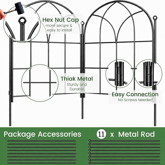 Youpehom Black Garden Fences Animal Barrier, 12.55"*16.48" Garden Border Fencing, Rustproof Metal No Dig Fence for Dogs, Outdoor Fence, Dog Fencing for Patio, Flower Bed, Farm (Medium 10 pcs)