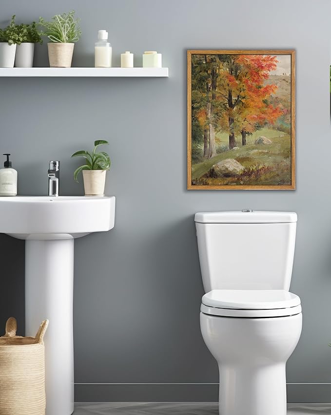 UPWOIGH Framed Wall Art,Autumn Tree Oil Painting Canvas Poster Vintage Fall Landscape Rustic Print Retro Forest Moody Wall Art Living Room Decor 12x16in