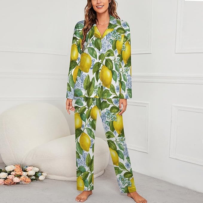Lemons Leaves Ceramic Style Womens Pajama Set Long Sleeve Pajamas Top And Pants Soft Loungewear Pjs Sets