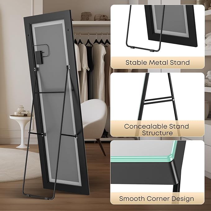 Kosmonia 65x24 Full Length Mirror, Dimmable 3 Color LED Light w/Light Memory