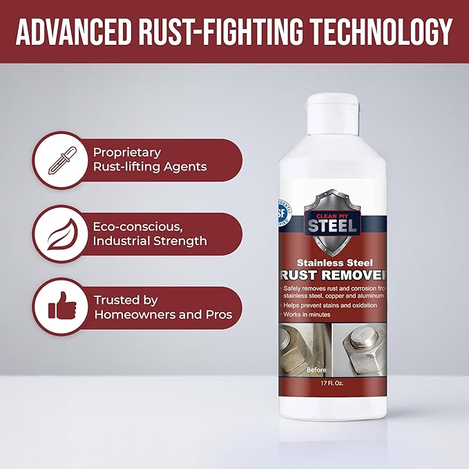Stainless Steel Rust Stain Remover & Cleaner, NSF Approved Safe for Food Areas. Non-Toxic Stainless Steel Cleaner for Appliances is Perfect for Commercial Use, Your Fridge, Best Knife, Pan (17 oz)